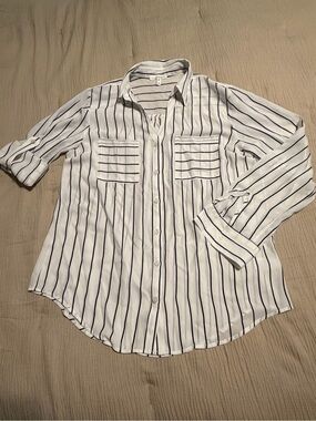 White and Black Vertical Stripe Button-Up Shirt